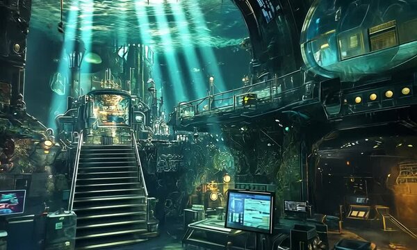 Submerged steampunk research facility with underwater viewing dome and flooded control rooms.