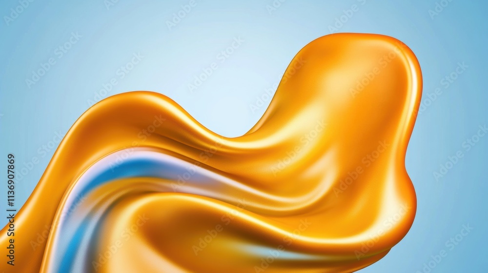 Poster abstract orange liquid shape with smooth curves on a light blue background. 3d rendering for design 