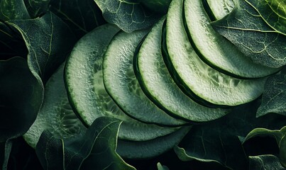 Fototapeta premium Cucumber slices nestled amongst lush green leaves
