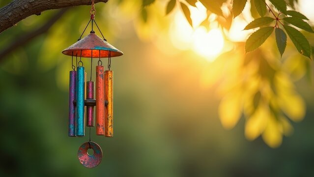 Colorful recycled metal wind chime hanging from a tree branch, illuminated by warm sunlight