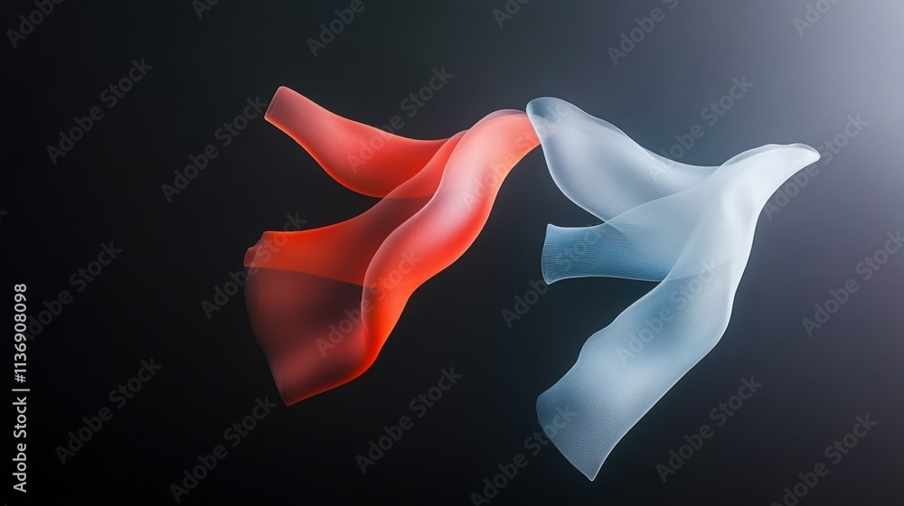 Poster abstract red and blue flowing fabric shapes on a dark gradient background. modern art and design con