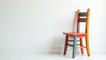 Brightly painted wooden chair showcasing artistic flair against a minimalist white background