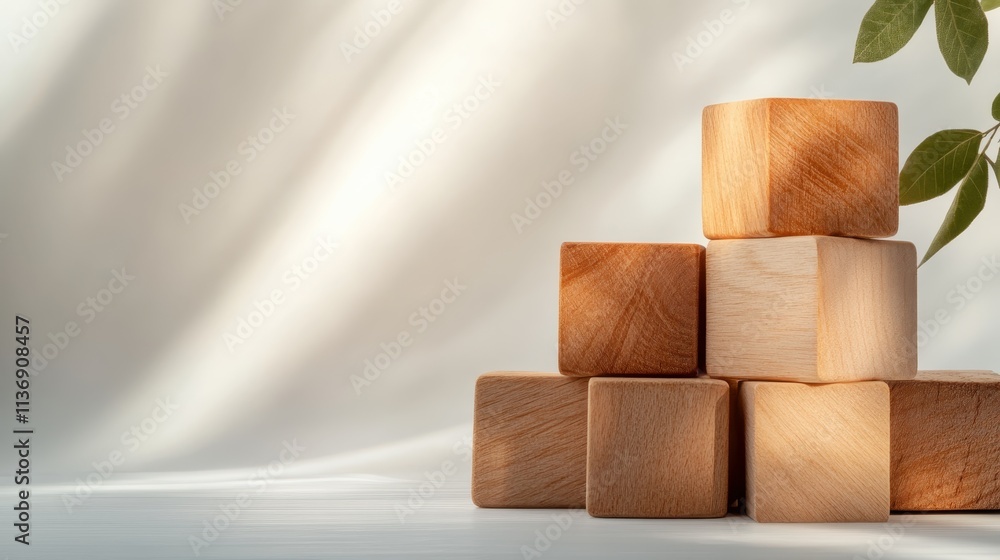 Poster a simple and elegant arrangement of wooden cubes stacked together, illuminated by soft natural light