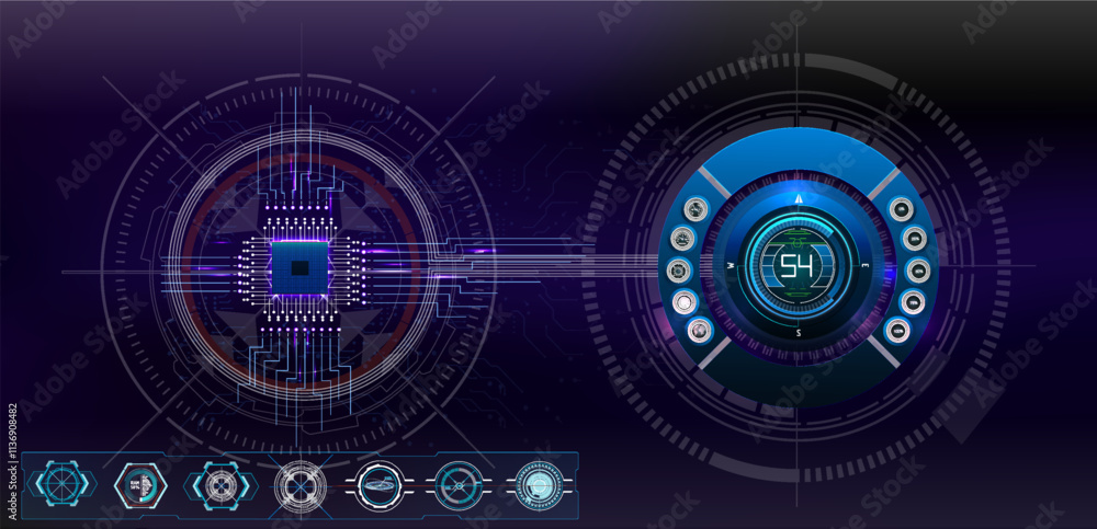 Poster futuristic technology interface showcasing a microchip and digital display with intricate patterns a