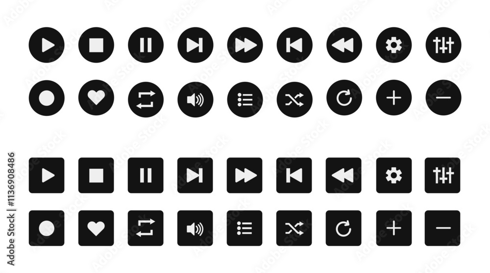 Aufkleber play button vector icon: media player control icon set featuring play and other interactive symbols.