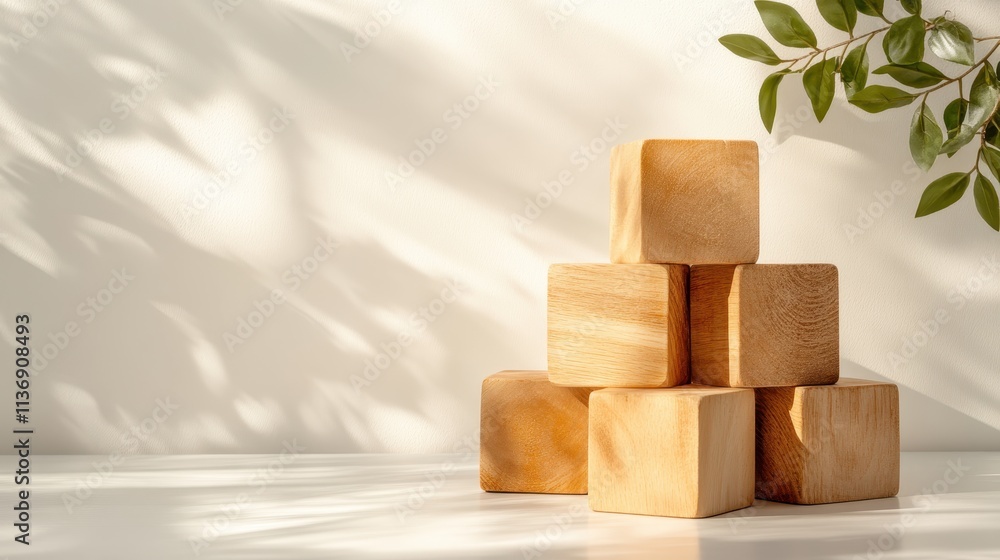 Poster a pyramid of wooden blocks artistically arranged, with the play of light and leafy shadows creating 