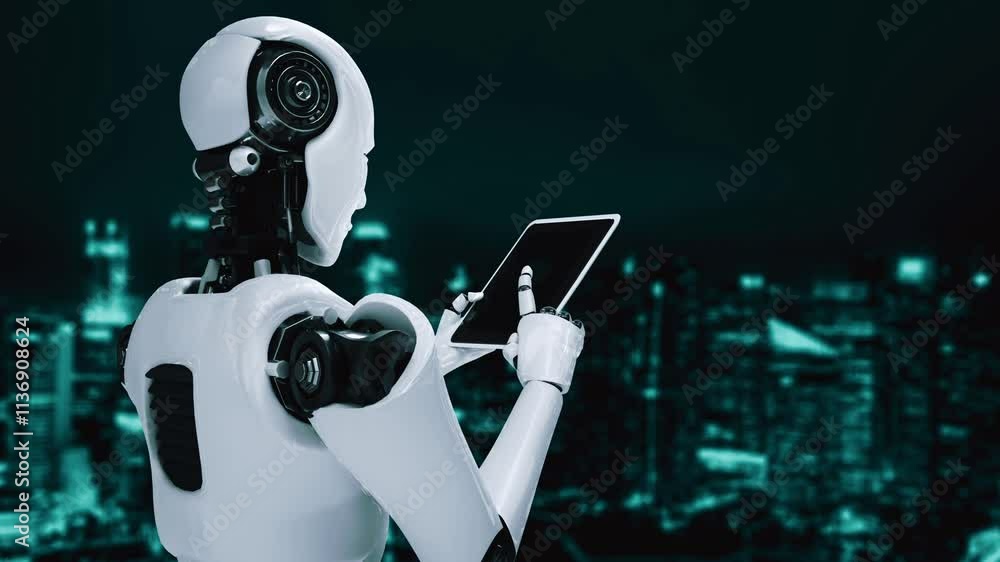 Poster robot hominoid using tablet computer for big data analytic using ai thinking brain , artificial inte