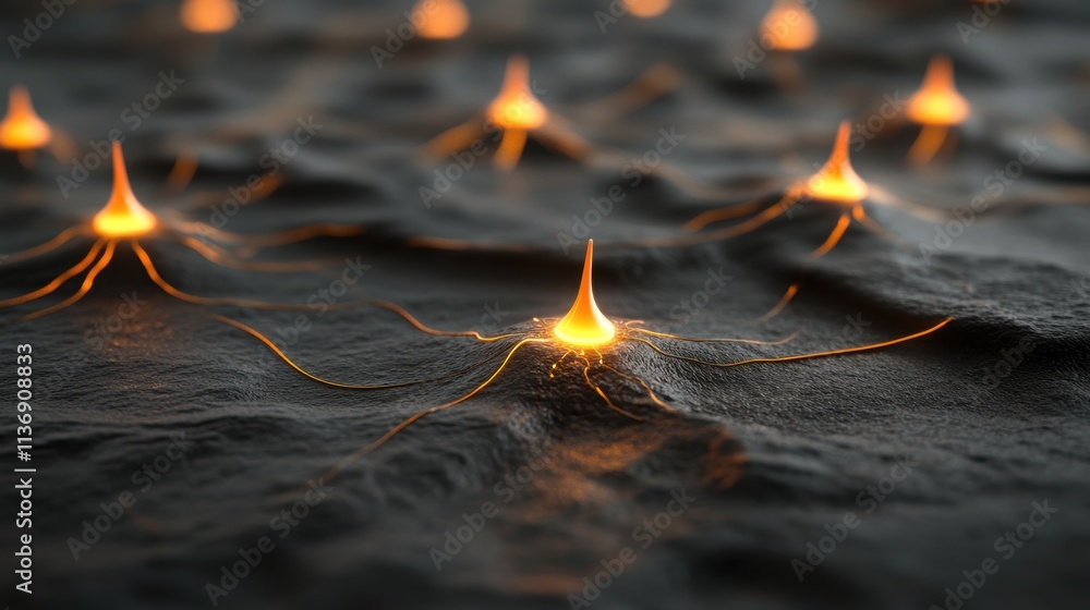 Poster abstract glowing orange nodes connected by thin light trails on textured dark surface. concept of te