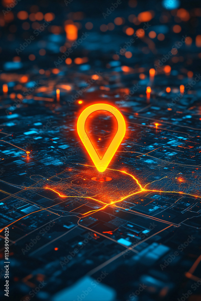 Poster a glowing map icon surrounded by geography data, symbolizing online map resources, digital navigatio