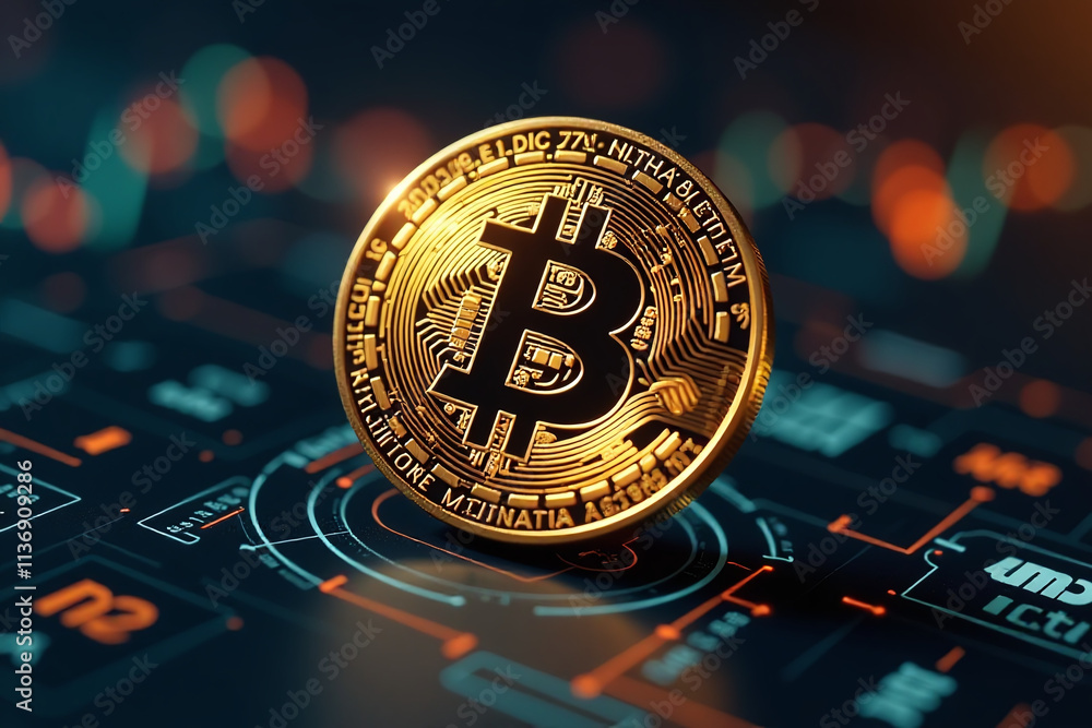 Poster golden bitcoin spinning dark digital background blockchain mining concepts surrounding