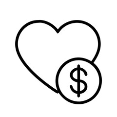 dollar sign with heart icon, nonprofit day line art, nonprofit day icon - simple black line art icon of dollar sign with heart, symbolizing nonprofit day celebrations. nonprofit day vector art.