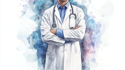 Portrait of a confident male doctor in a white coat, arms crossed, against a watercolor background.  A symbol of healthcare and professionalism.