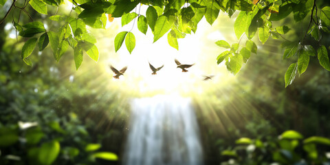 Obraz premium Serene waterfall surrounded by lush greenery and birds.