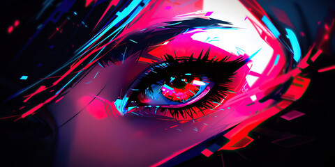 Stylized Female Eye in Pink, Red, and Blue Digital Art