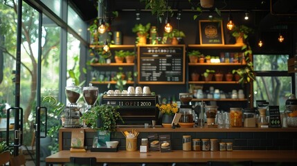 Fototapeta premium Cozy café interior with plants, coffee equipment, and a welcoming atmosphere.