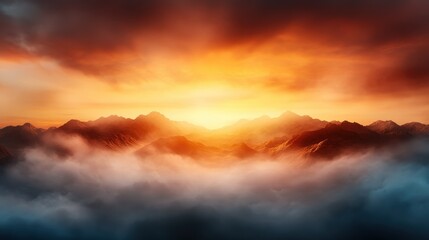 Fototapeta premium A breathtaking sunrise casts vibrant orange hues over towering mountains, with dramatic clouds swirling beneath, creating a mesmerizing and serene landscape.