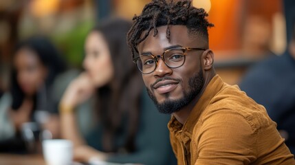 Fototapeta premium A fashionable man wearing stylish glasses and a casual shirt sits in a lively cafe, exuding confidence and charisma while enjoying the vibrant atmosphere.