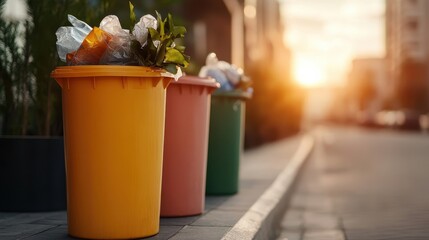 A row of garbage bins positioned along an urban street catches the warm glow of the sunset, reflecting efforts in waste management within the city environment.