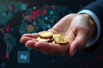 hand holds coins digital bitcoin crypto network blockchain nft technology modern cryptocurrency finance