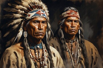 Naklejka premium Abstract vintage oil painting portrait of a native american man with headdress decoration, people and culture, tradition, history theme concept. 