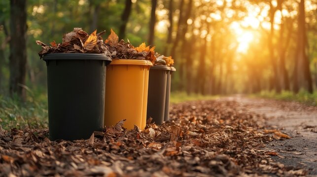 Three garbage bins stand in a forest clearing surrounded by fallen autumn leaves, showing a contrast of nature and human presence at sunset.