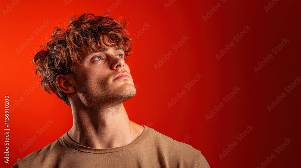 Poster an expressive image of a person gazing upwards with a thoughtful expression, set against a textured 