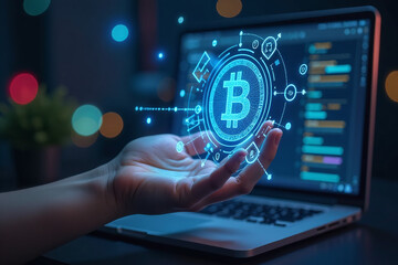 holographic display combines blockchain theme computer background showcasing concept cryptocurrency double exposure