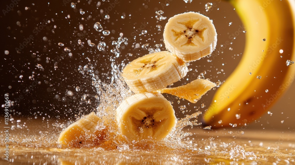 Poster this image showcases banana slices elegantly caught mid-splash, with water droplets frozen in motion