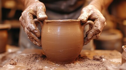 Close-up of skilled potter's hands shaping brown clay pot on spinning wheel, artistic craftsmanship in pottery studio, handmade ceramics, creative hobby, warm cozy background, rustic earthy tones