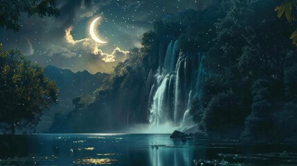 Serene night scene with crescent moon, waterfall, and tranquil lake.