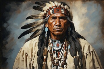 Obraz premium Abstract vintage oil painting portrait of a native american man with headdress decoration, people and culture, tradition, history theme concept. 