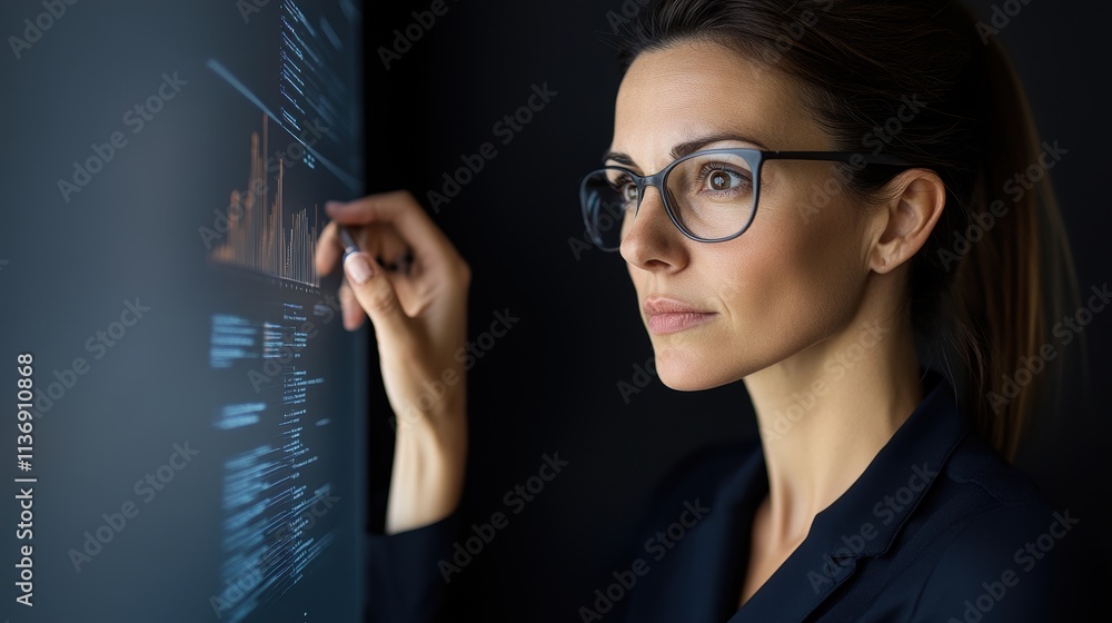 Poster focused businesswoman analyzing data on a digital screen. modern technology and data analytics conce