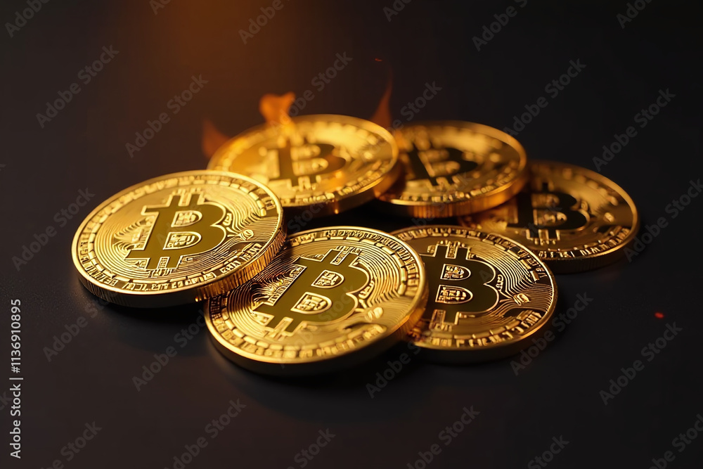 Poster isolated golden bitcoins burn dark background cryptocurrency blockchain concepts encrypted computer