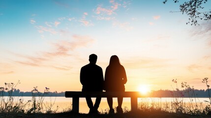 Obraz premium Silhouette of a couple sitting on a bench at sunset by the lake. Romantic and peaceful nature concept.