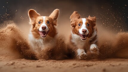 Two animated brown and white dogs are captured sprinting energetically on a sandy path, bounding with excitement and vitality, showcasing a thrilling action scene.