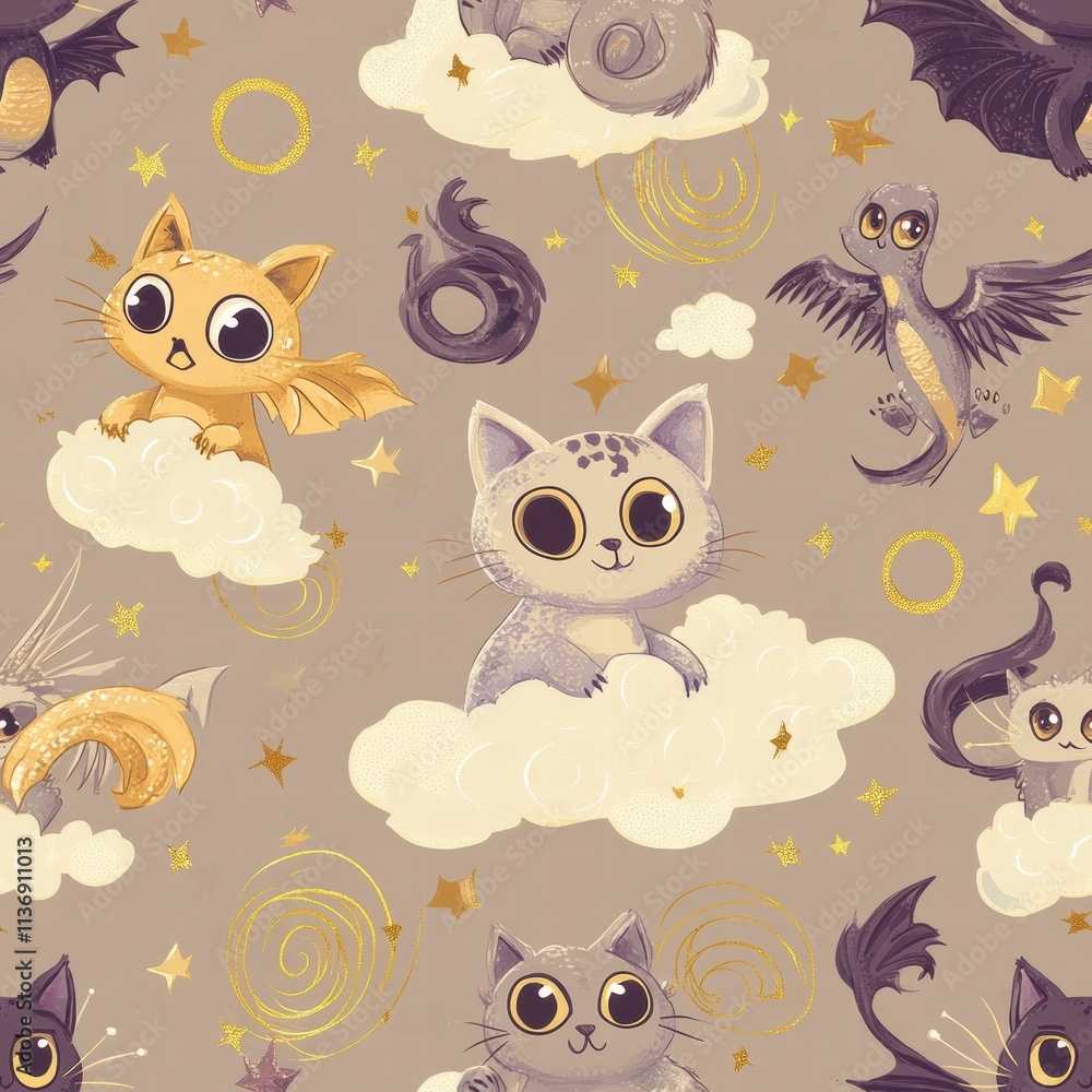 Aufkleber delightful animals and mythical beings frolic amidst fluffy clouds, creating a playful atmosphere fi