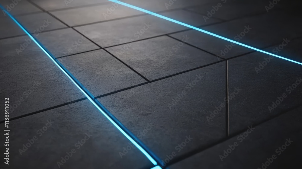 Poster dark tiled floor with glowing blue neon lines in between. futuristic design concept with geometric p