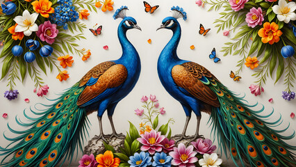 Two peacocks isolated on abstract background, decorative elements for poster, design illustration wallpaper 
