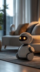 Advanced care robot assisting elderly person in cozy living room