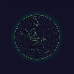 World globe. Futuristic globe map isolated on white background. Asia, Oceania. Cyberpunk sphere. Earth globe icon. Vector illustration