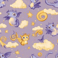 Playful dragons with expressive faces swirl around fluffy clouds and bright stars, creating an enchanting atmosphere fit for any imaginative design. Generative AI