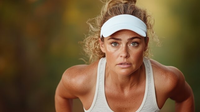 A determined woman with curly hair and a white visor focuses intently as she prepares for a workout outdoors, embodying strength and athletic dedication.