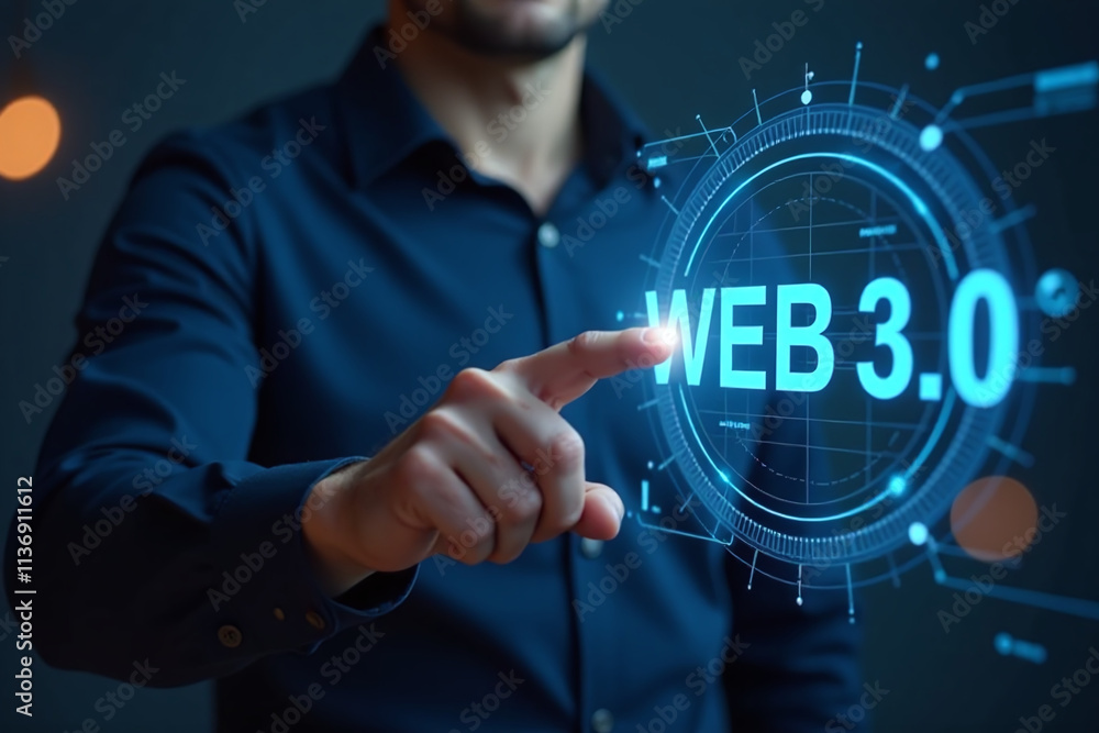 Poster man uses virtual touchscreen press concept web development seo decentralized internet technology