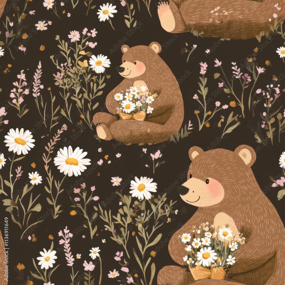 Poster delight in a whimsical design showcasing playful bears surrounded by blooming flowers, creating a ch