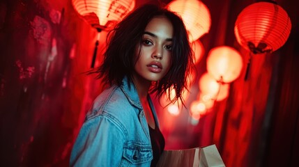 Naklejka premium A young woman with dark hair and a denim jacket stands in a dimly lit alleyway with traditional red lanterns glowing warmly behind her, creating a captivating scene.
