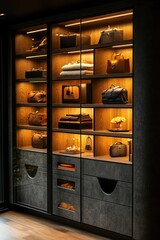 Illuminated walk-in closet with glass doors, showcasing organized bags, accessories, and a safe.