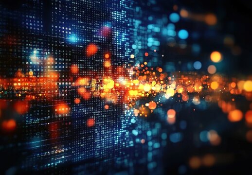 Digital data and binary code background with blurred city lights in the dark