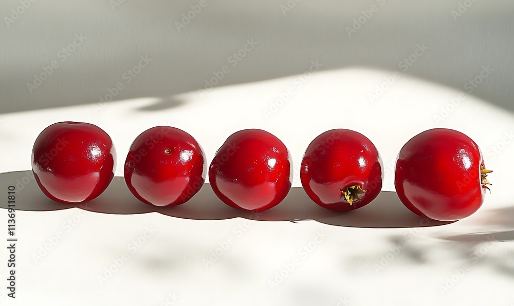 Poster five shiny red cherries aligned in a row