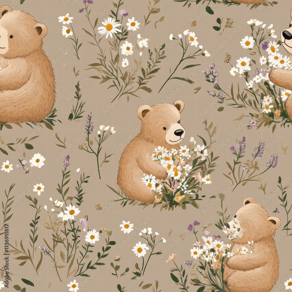 Aufkleber bears joyfully explore a field of wildflowers, creating an enchanting seamless pattern perfect for t