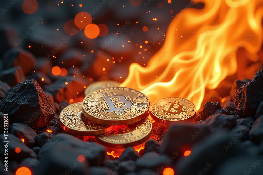 Poster mining generates cryptocurrency using hot bitcoin coins fiery environment generative ai technology f
